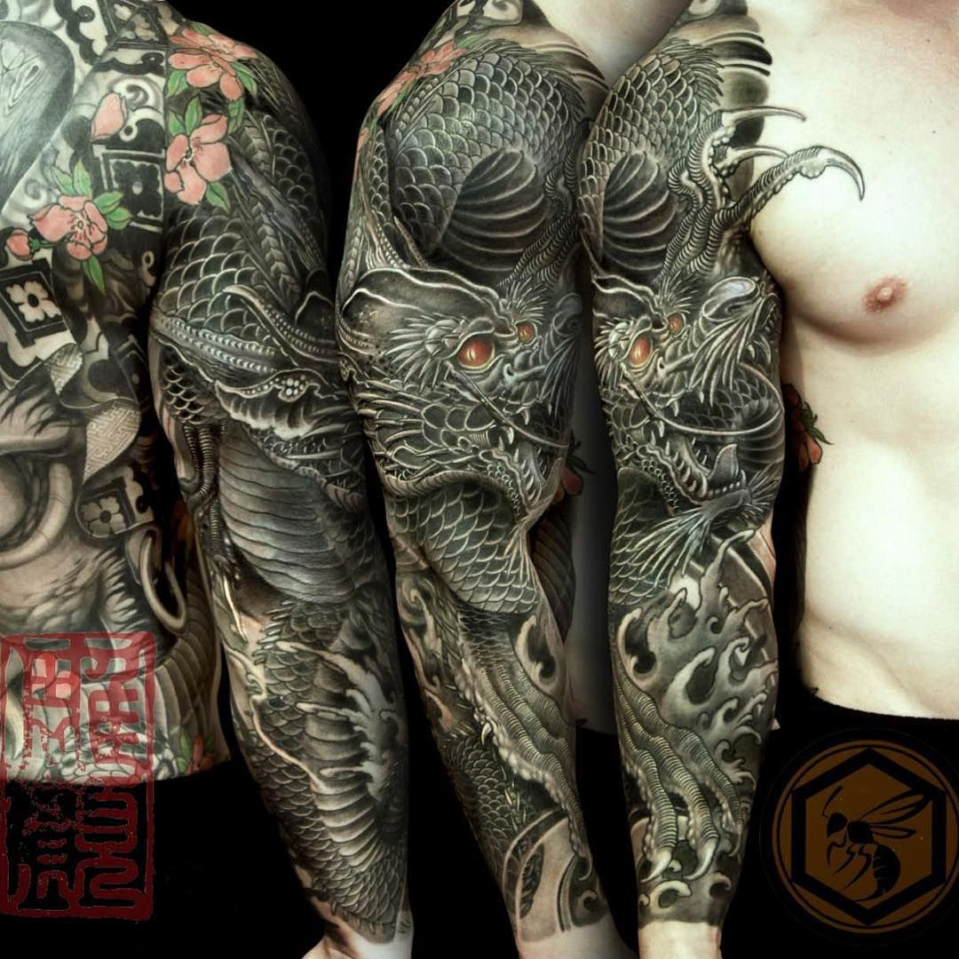 Full Sleeve Tattoo Is Completed With A Black Dragon Representing throughout sizing 1080 X 1080