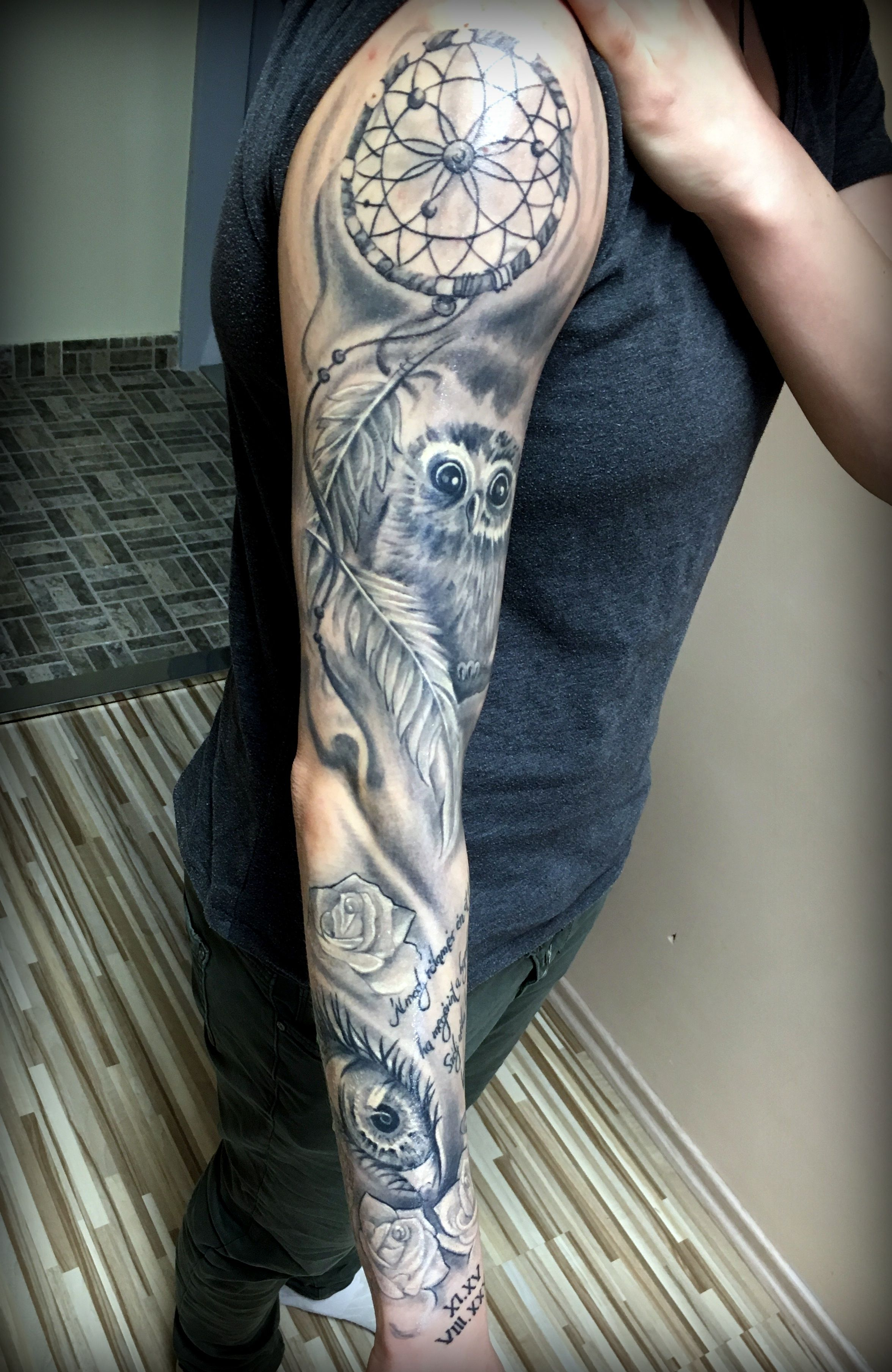 Full Woman Arm Tattooeyeowl And Dreamcather Laczko Balazs with proportions 2352 X 3616
