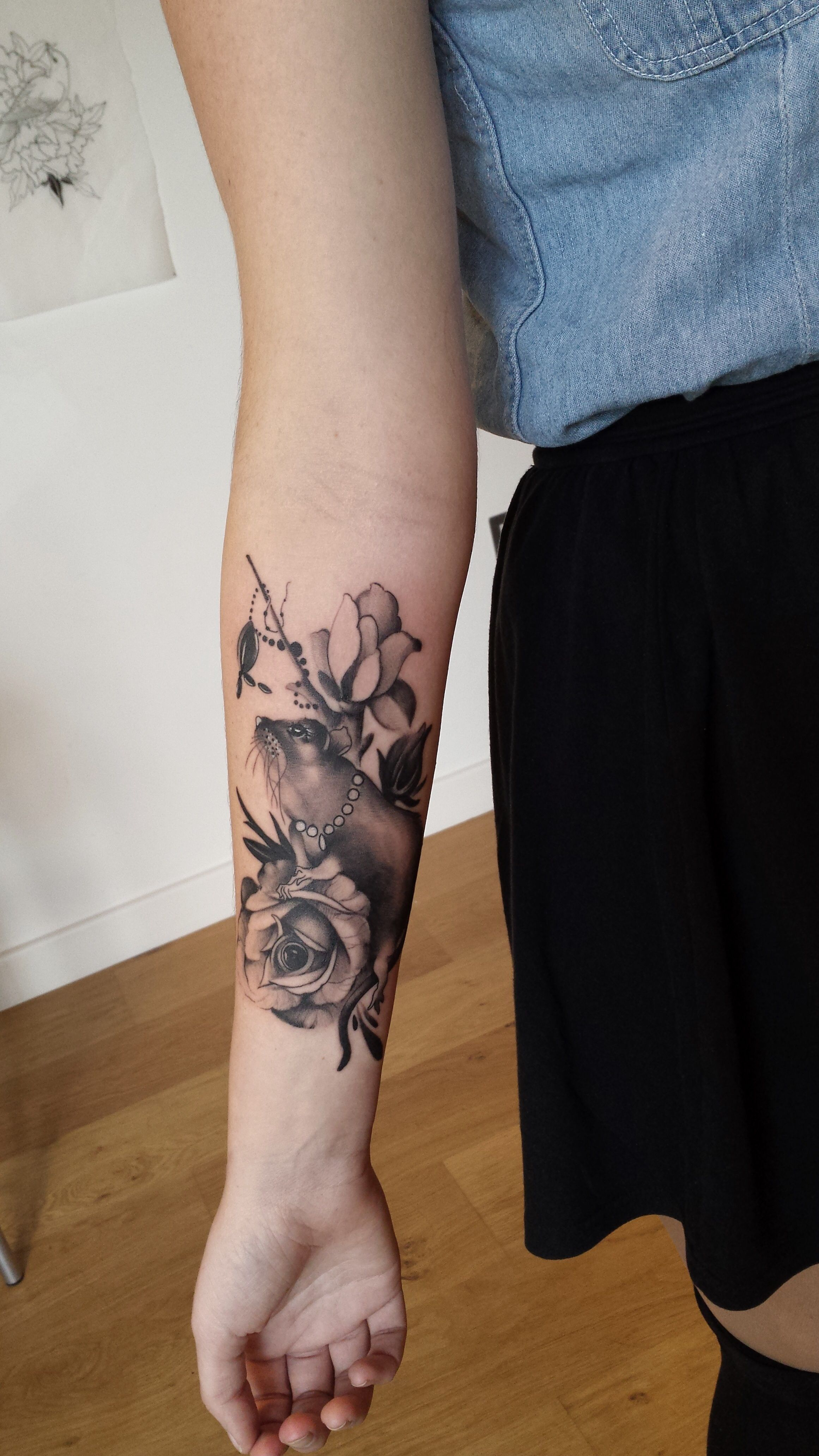 Girltattoo Rat With Roses Black And Gray Tattoo On Front Arm throughout proportions 2322 X 4128