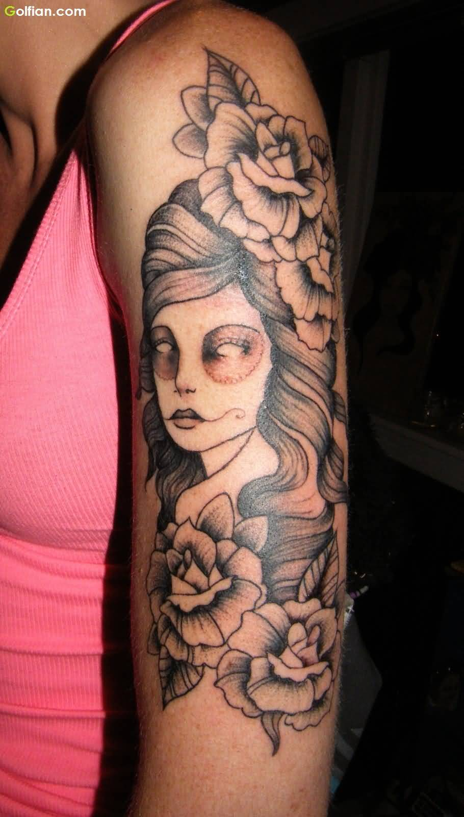 Great Arm Tattoo Of Scary Girl And Flower For Women Golfian with regard to measurements 910 X 1600
