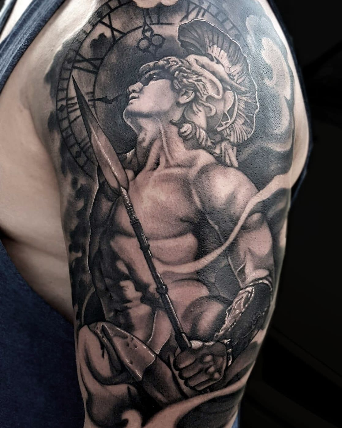 Greek Warrior God Sleeve Tattoo Tony Davis Soular Tattoo for measurements 1117 X 1396