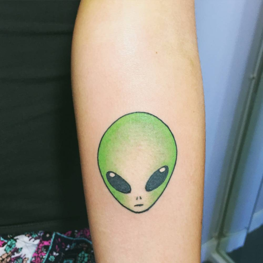 Green Ink Alien Head Tattoo On Arm with measurements 1000 X 1000