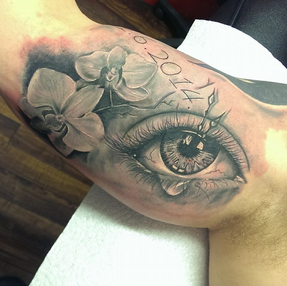Grey Flowers And Crying Eye Tattoo On Inner Bicep Marley Tattoo with sizing 960 X 957