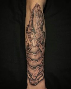 Grey Flying Dove And Praying Hands Tattoo On Arm Sleeve throughout proportions 1080 X 1350