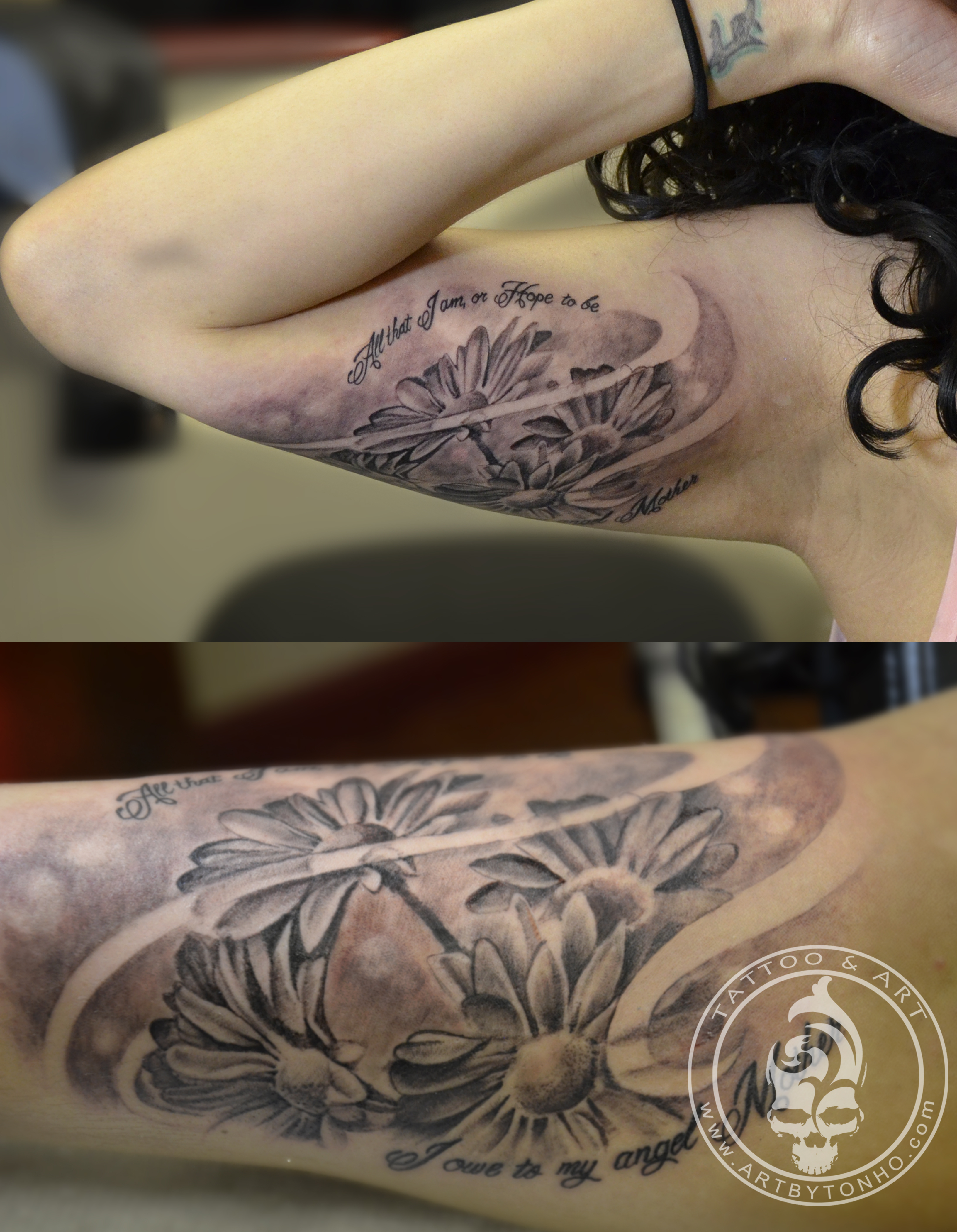 Grey Ink Daisy Tattoos On Inner Biceps Tattooshunt with regard to sizing 3264 X 4200