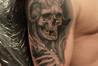 Grey Ink Demon Skull Tattoo On Right Half Sleeve Alex Ant for measurements 960 X 960