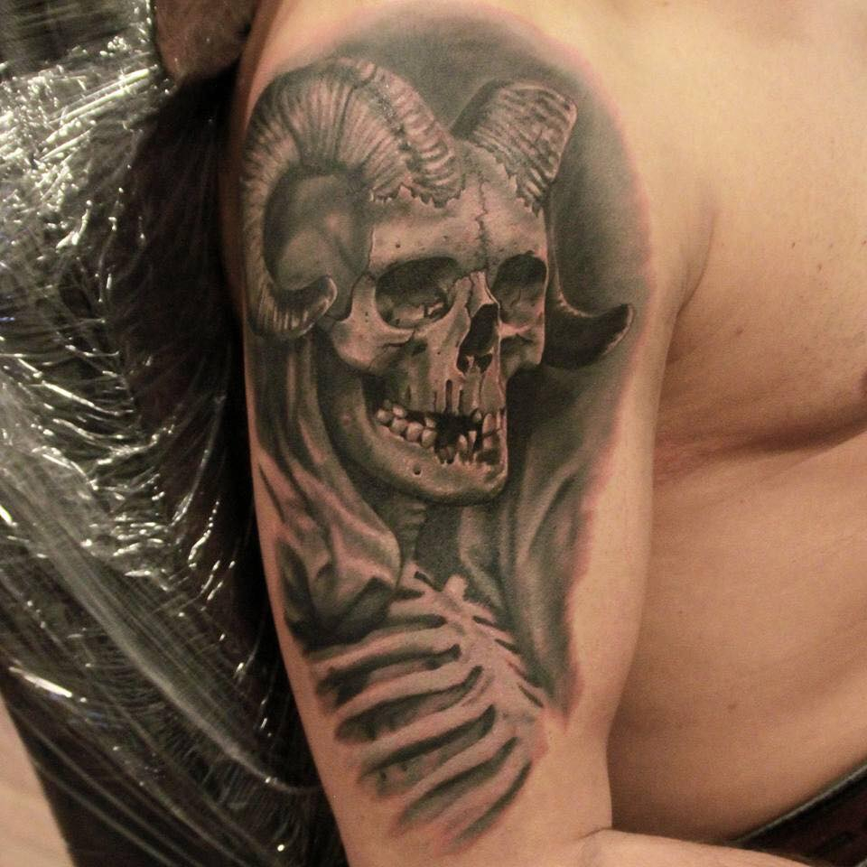 Grey Ink Demon Skull Tattoo On Right Half Sleeve Alex Ant for measurements 960 X 960