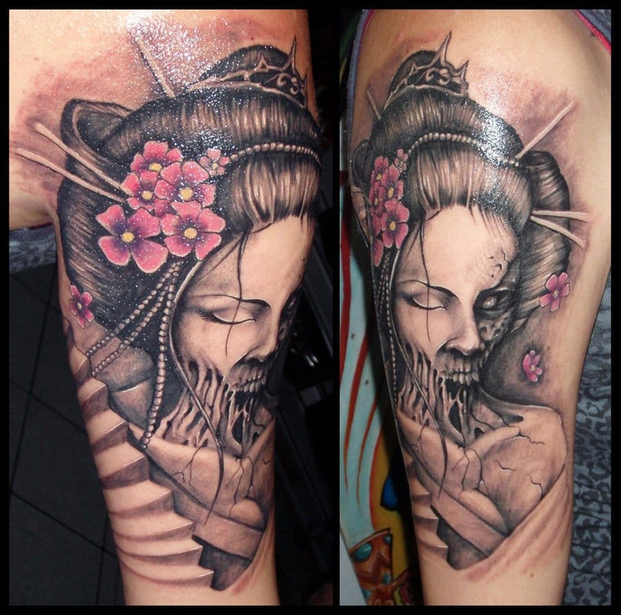 Grey Ink Geisha Tattoo On Arm Sleeve in proportions 898 X 889