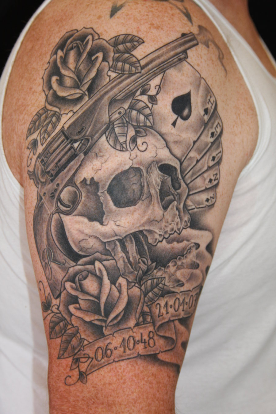 Grey Ink Skull And Gun Tattoo On Right Half Sleeve for size 900 X 1350
