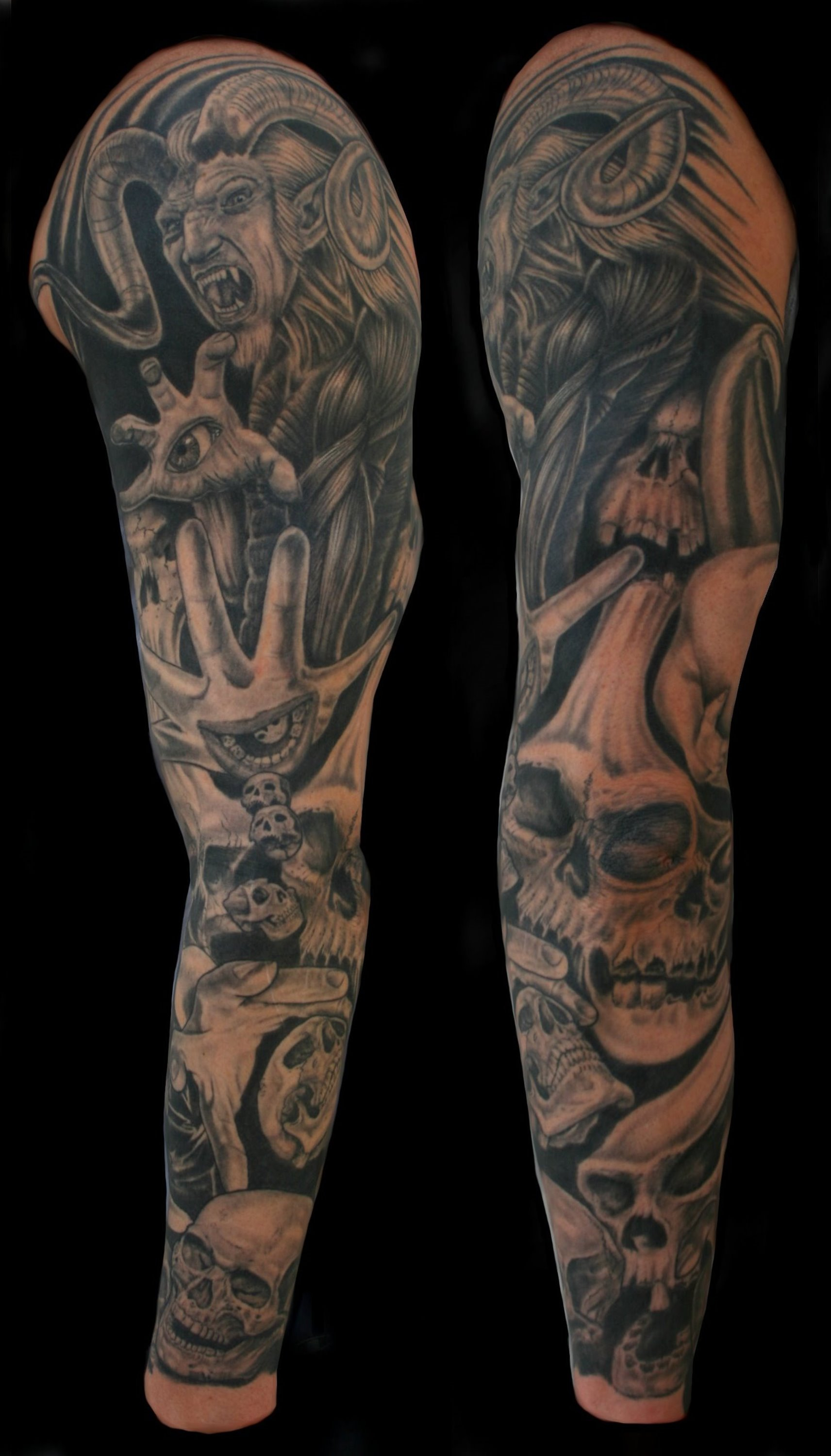 Grey Ink Skull And Satan Sleeve Tattoo in proportions 1712 X 3000