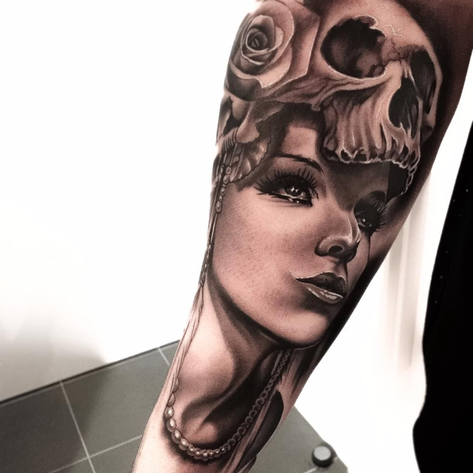 Grey Ink Skull Girl And Rose Tattoo On Arm with size 960 X 960