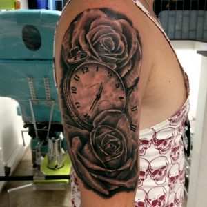 Grey Rose Flowers And Watch Tattoo On Right Half Sleeve Daniel Rozo regarding proportions 960 X 960