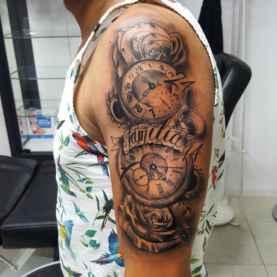Grey Roses And Clock Tattoos On Left Half Sleeve David Torres throughout size 960 X 960