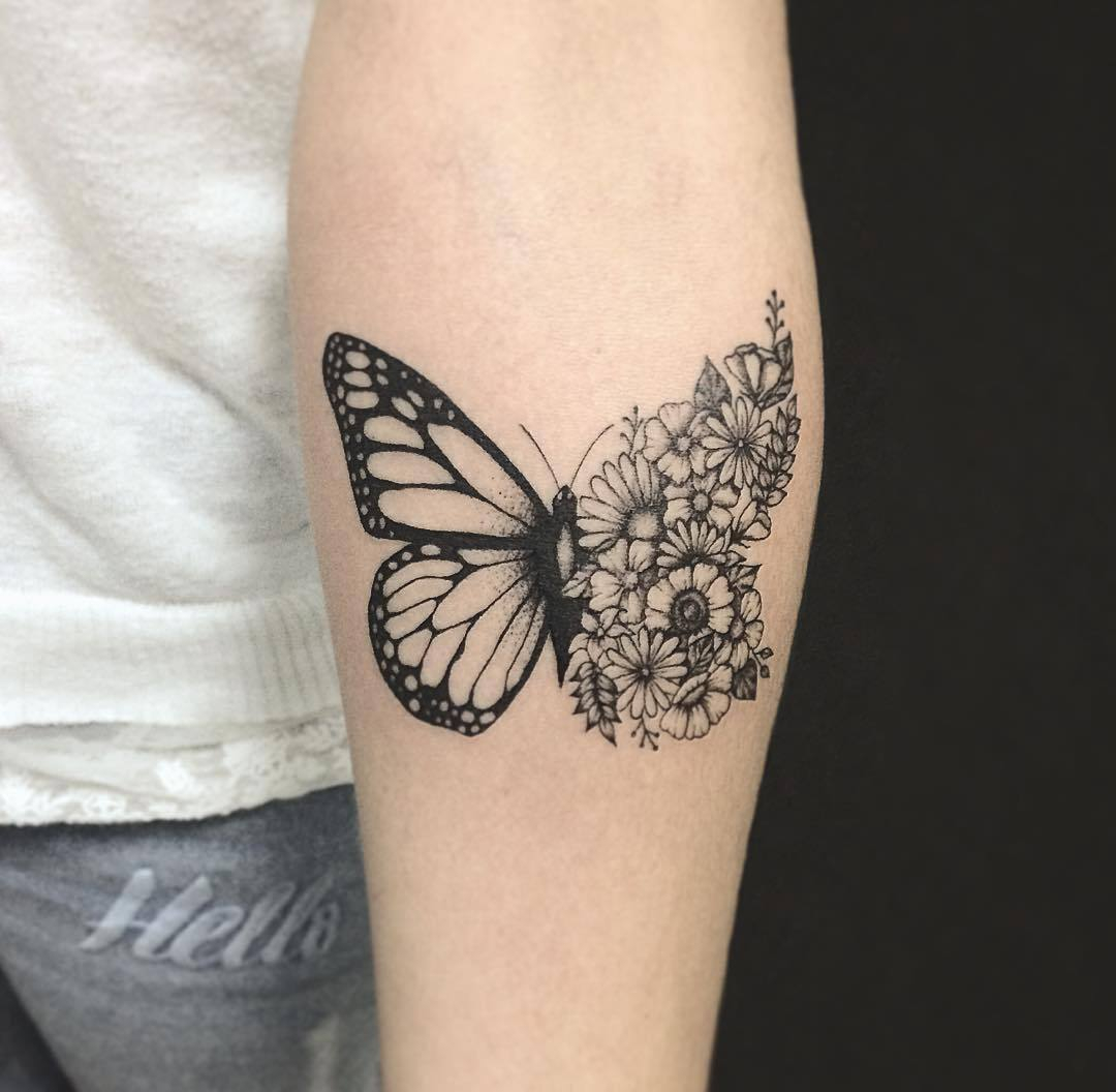 Half Butterfly And Flower Tattoo On Inner Arm throughout measurements 1080 X 1056