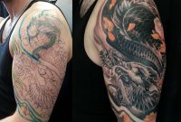 Half Sleeve Black And Grey Colour Dragon Cover Up Tattoo 3648 inside proportions 3648 X 3264
