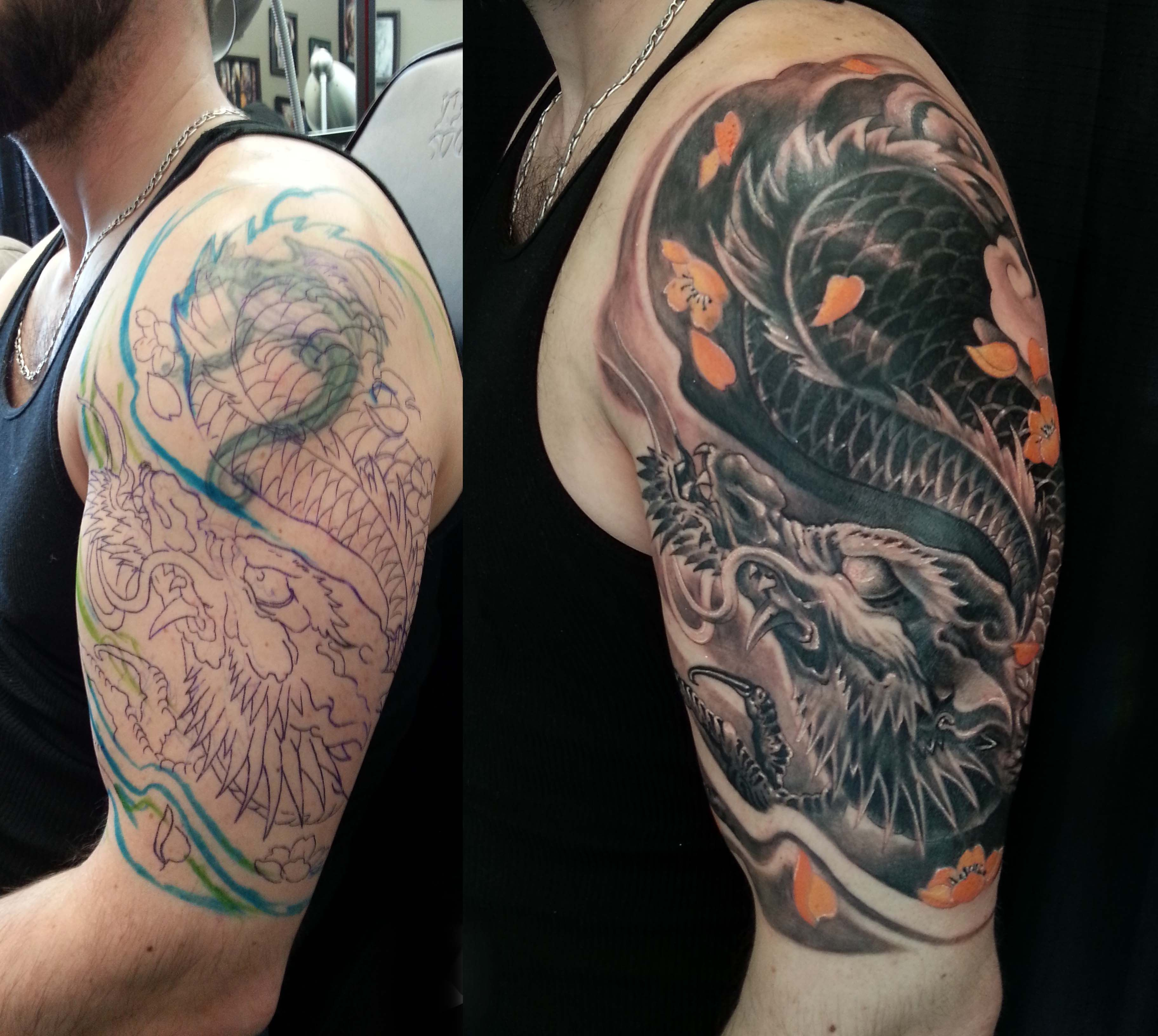 Half Sleeve Black And Grey Colour Dragon Cover Up Tattoo 3648 inside proportions 3648 X 3264