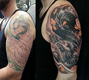 Half Sleeve Black And Grey Colour Dragon Cover Up Tattoo 3648 with sizing 3648 X 3264