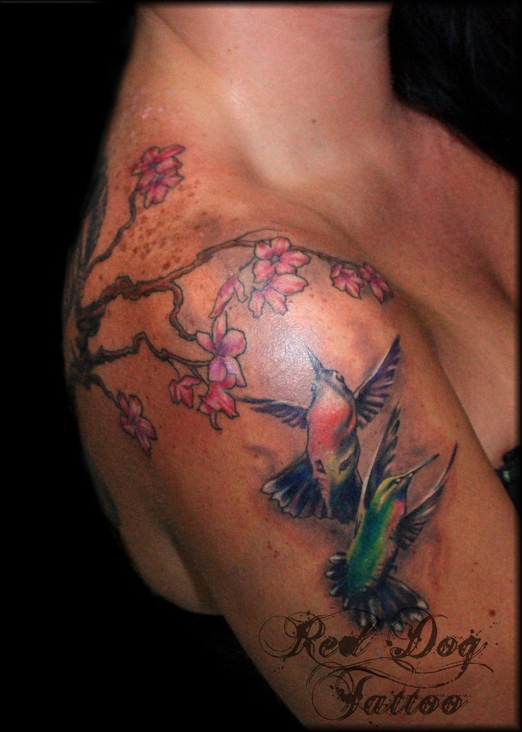 Hummingbird Tattoo And Pink Flower On Shoulder Tattoomagz throughout measurements 755 X 1059