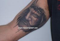Inner Bicep Grey Ink Jesus Tattoo with size 1280 X 960