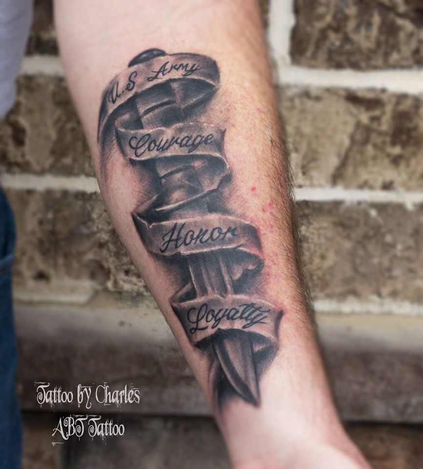 Knife With Banner Tattoo On Forearm Charles regarding size 866 X 960