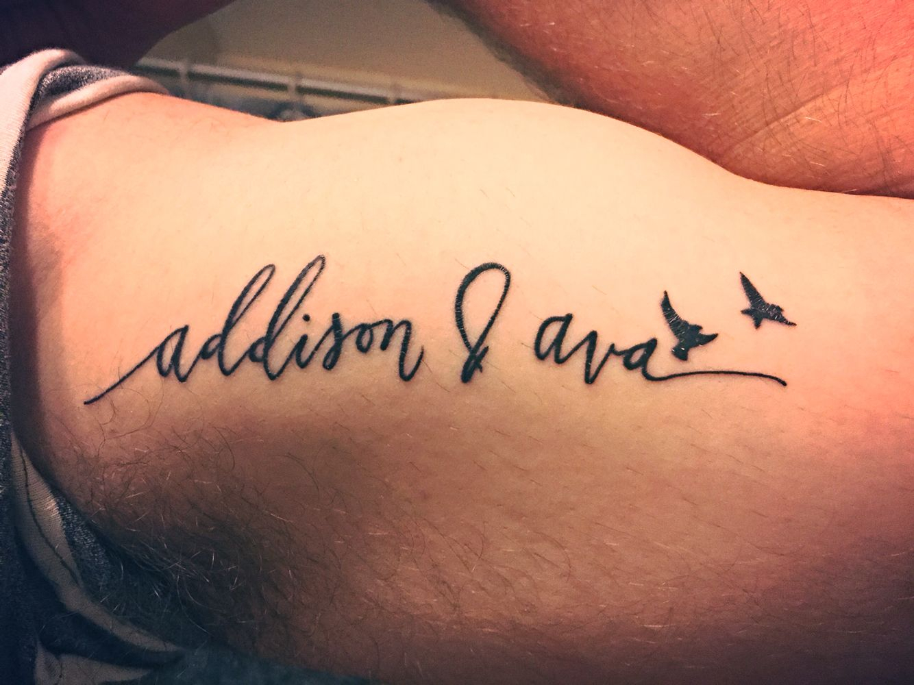 Left Inner Bicep Tattoo Of My Daughters Names With Two Birds To throughout dimensions 1334 X 1000