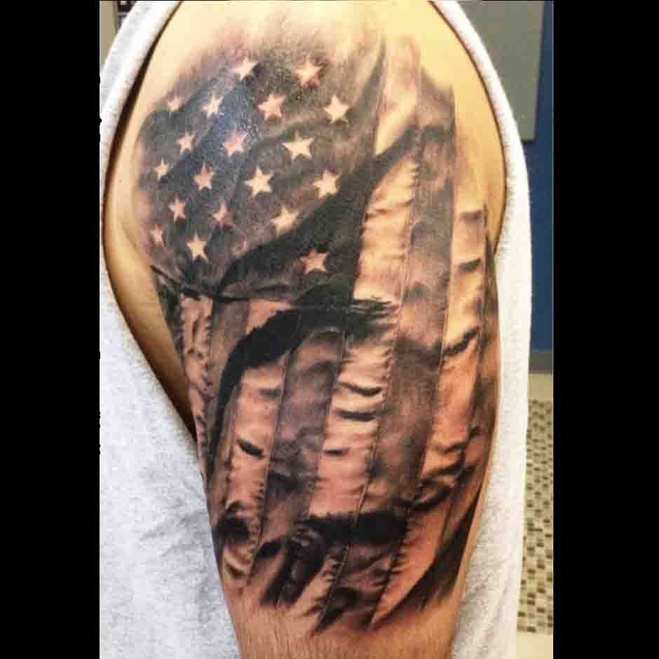 Left Shoulder Grey Ink American Flag Tattoo with sizing 940 X 940