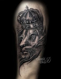 Lion With Crown Upper Arm Tattoo In Black And Grey 3d Studio Art in sizing 2550 X 3300