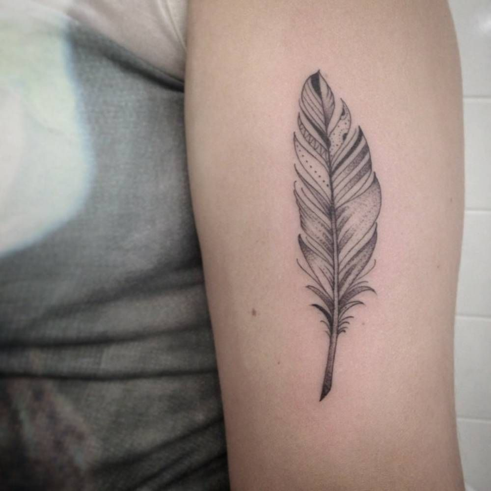 Little Feather Tattoo On The Upper Arm Ivy Saruzi Tattoo Artist inside size 1000 X 1000