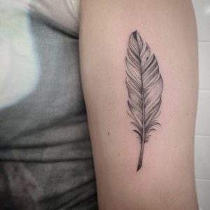Little Feather Tattoo On The Upper Arm Ivy Saruzi Tattoo Artist pertaining to dimensions 1000 X 1000