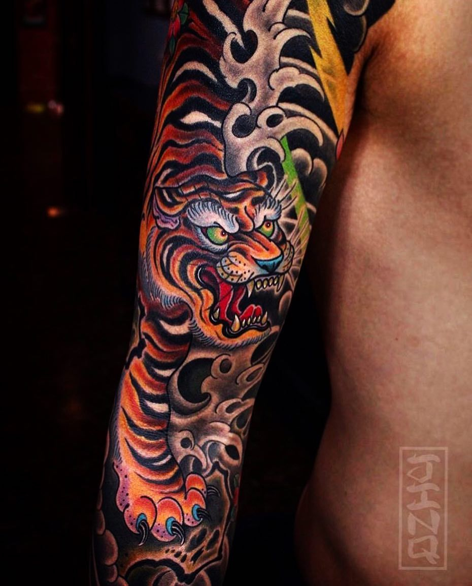 Love This Japanese Tattoo Sleeve The Tiger Design Is Awesome And regarding measurements 930 X 1153