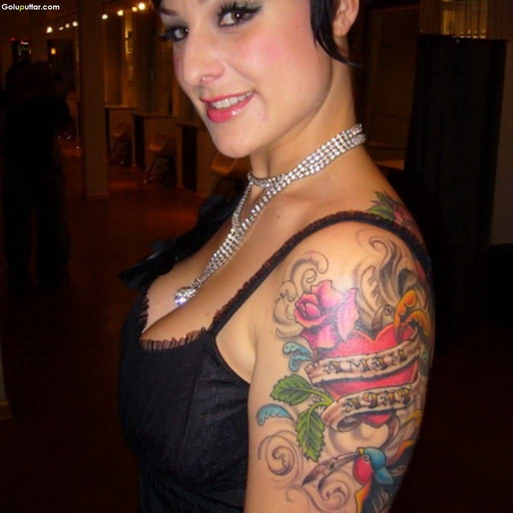 Lovely Women Show Amazing Red Rose And Heart Tattoo On Upper Arm with dimensions 1024 X 1024