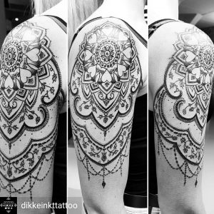 Mandala Dotwork Shoulder Upper Arm Tattoo Women Black And Grey pertaining to size 1080 X 1080