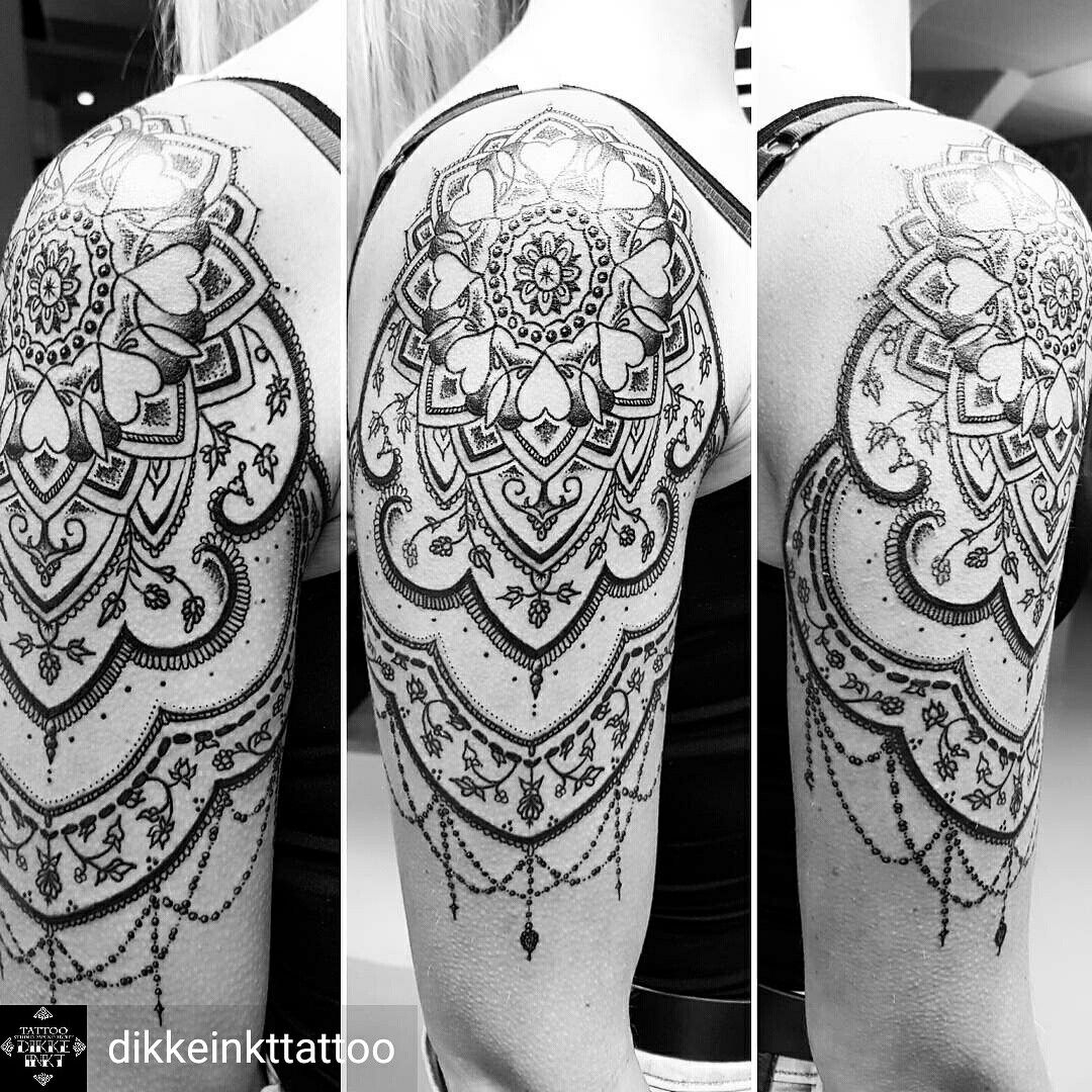 Mandala Dotwork Shoulder Upper Arm Tattoo Women Black And Grey with regard to proportions 1080 X 1080