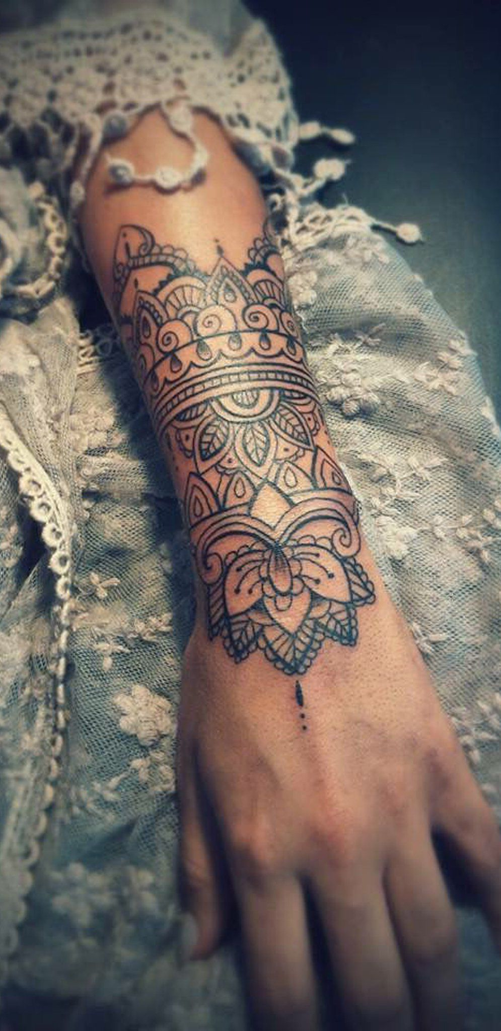 Mandala Outer Forearm Tattoo Ideas For Women Black Henna Floral in proportions 995 X 2048