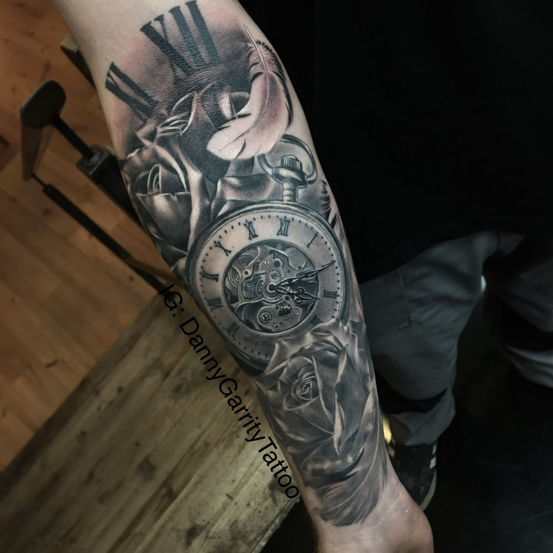 Mens Sleeve Tattoo With Pocket Watch Rose And Feathers Tattoo intended for size 1818 X 1818