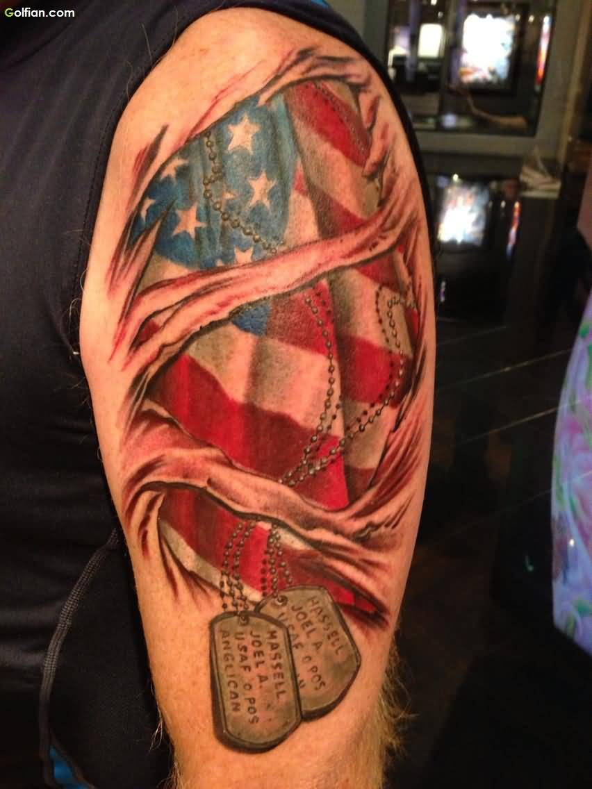 Mind Blowing Tattoo Of Army Flag With Dog Tag On Arm Golfian inside size 852 X 1136