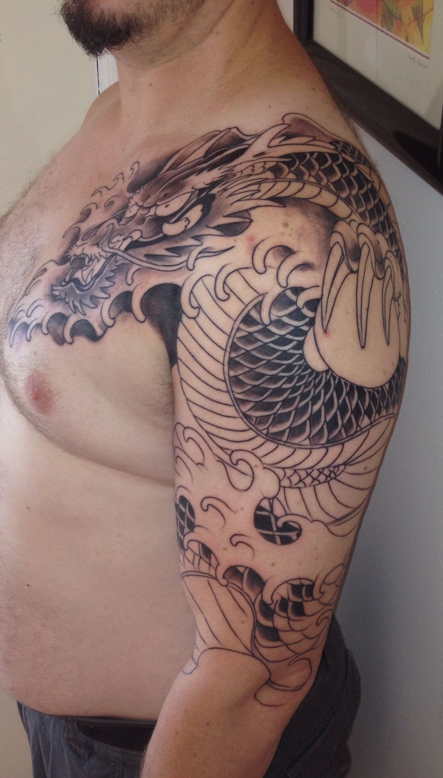 Mine 1st Session Down Dragon Arm Shoulder Dragon Tattoos regarding proportions 1409 X 2472