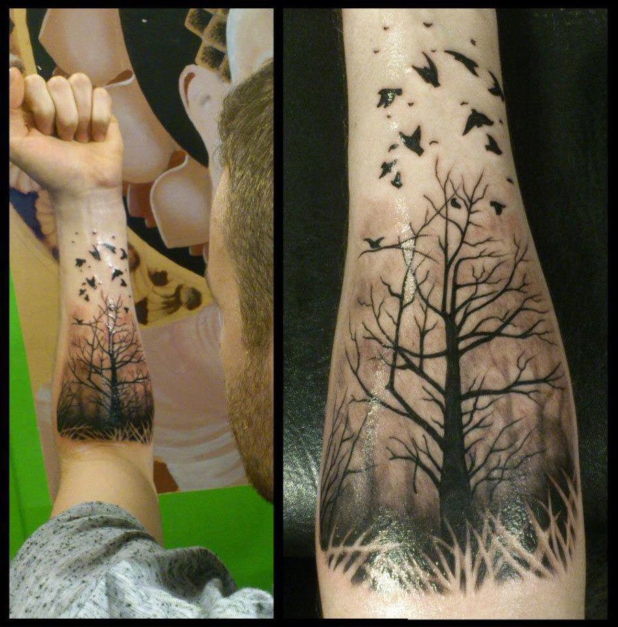 Misty Forest With Ravens Forearm Piece Best Tattoo Design Ideas intended for proportions 900 X 913