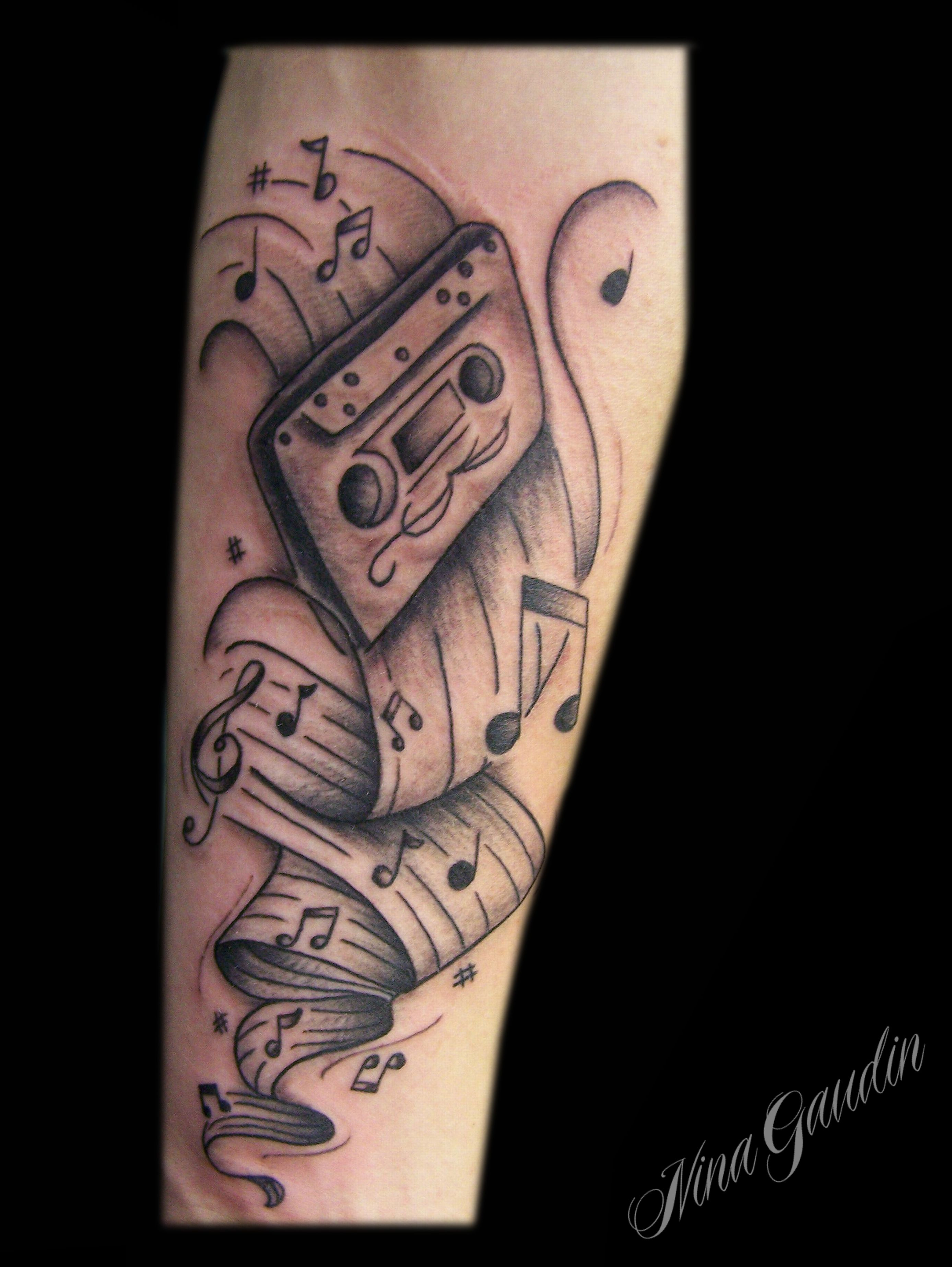 Music Notes Staff And Cassette With Swirls Black Grey Forearm for proportions 2775 X 3693