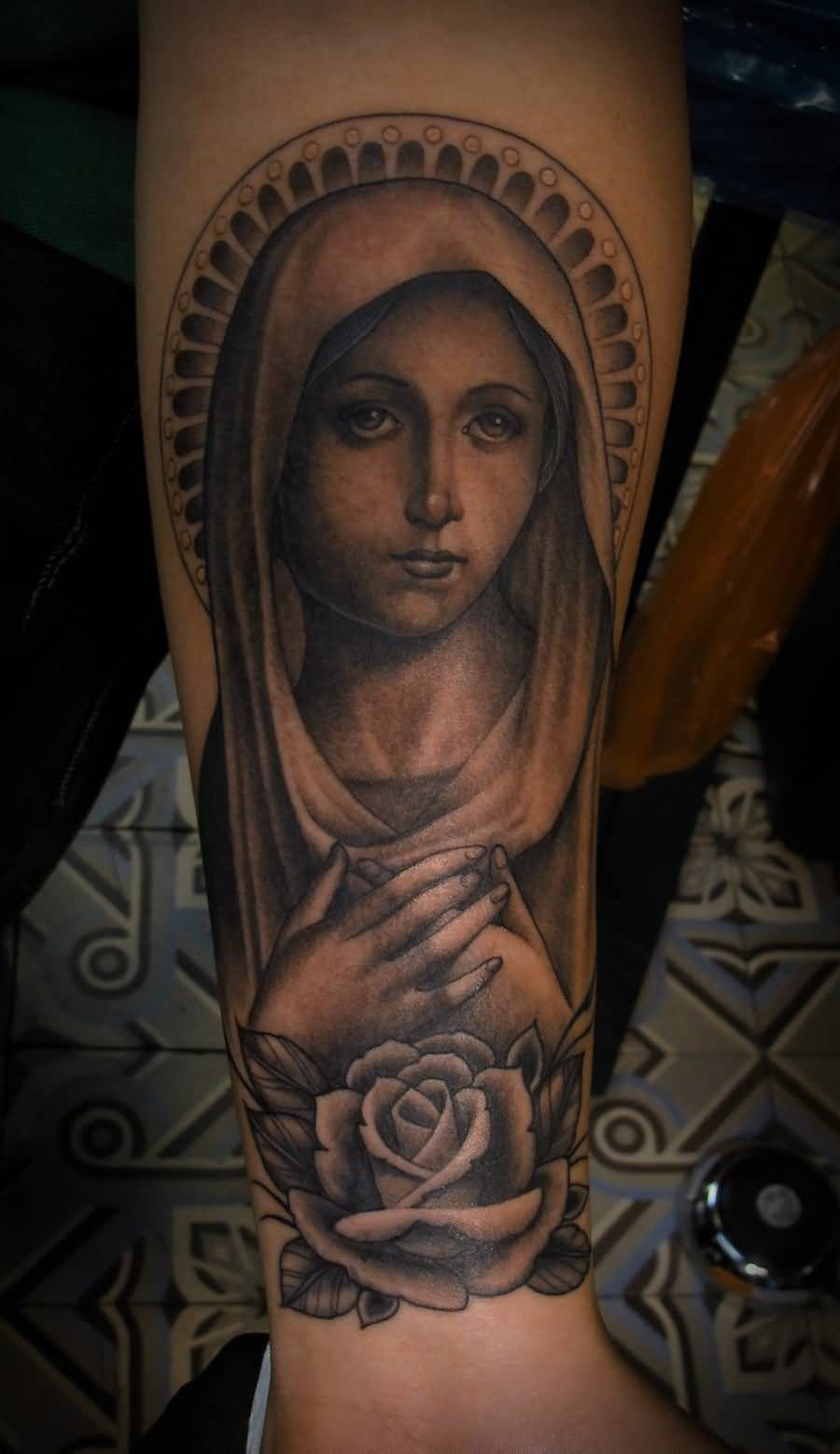 Nice Grey Rose And Virgin Mary Tattoo On Forearm Mother Mary in sizing 900 X 1558