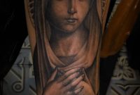 Nice Grey Rose And Virgin Mary Tattoo On Forearm Mother Mary intended for measurements 900 X 1558