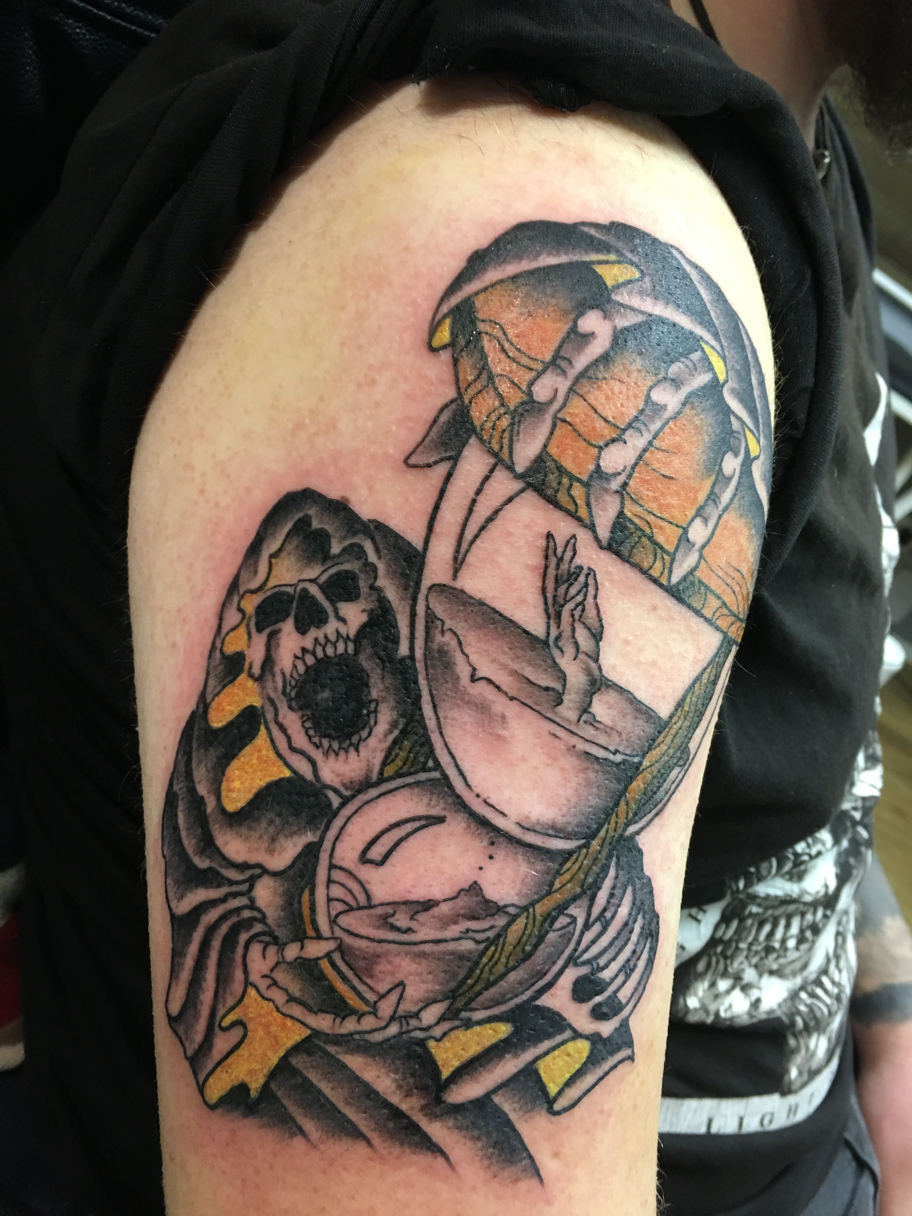 Old School Upper Arm Grim Reaper And Hourglass Tattoo Travis throughout dimensions 3024 X 4032