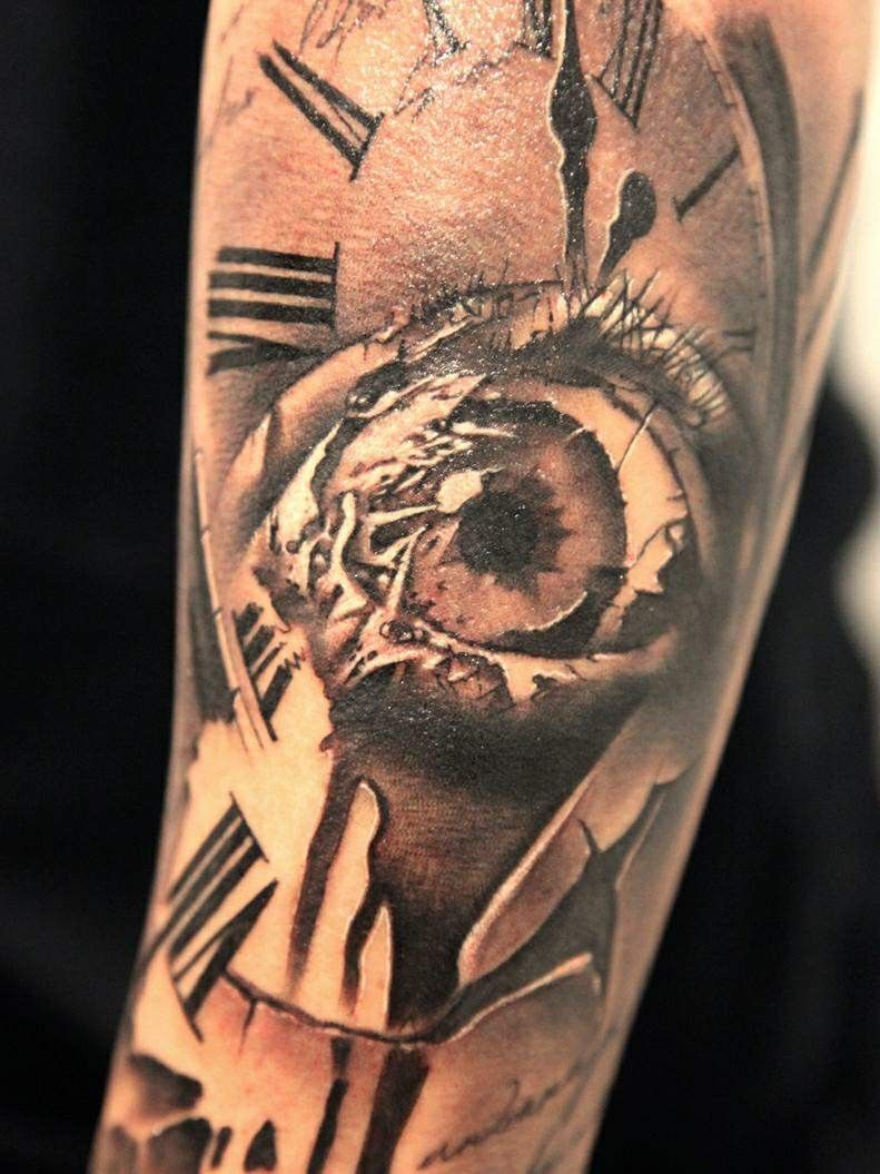 Original Designed Big Clock Tattoo With Scary Eye On Arm Tattoowf regarding measurements 791 X 1055