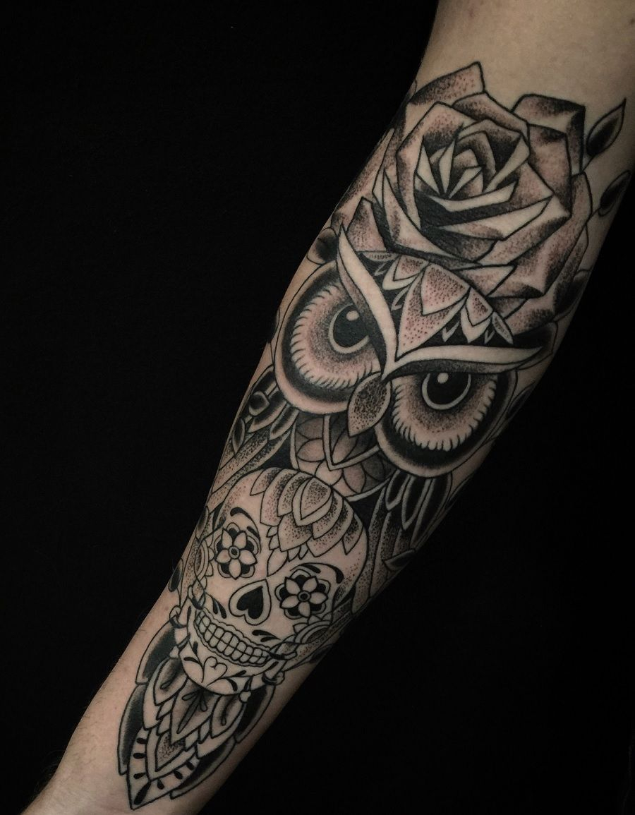 Owl And Sugar Skull From Charlie At Guru In San Diego Ca Tatts regarding proportions 900 X 1155