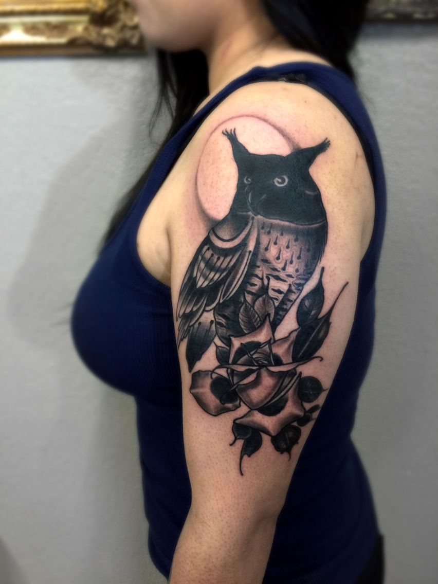 Owl Tattoo On Arm Artist Umbrellaface Neo Traditional Owl And Rose with proportions 852 X 1136