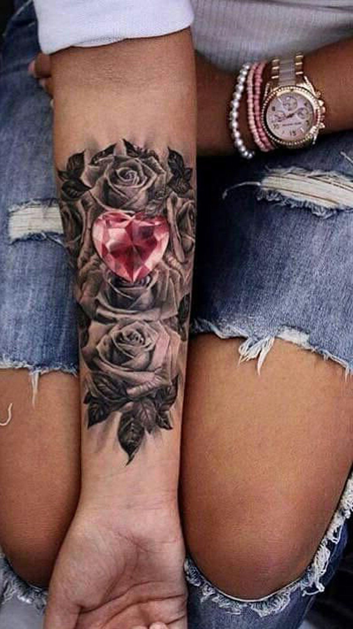 Pink Crystal Heart Forearm Tattoo Ideas For Women Black Floral within dimensions 1149 X 2048