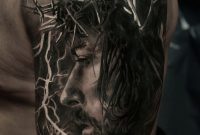 Realistic Dark Color Jesus And A Lightning Tattoo On Upper Arm inside dimensions 800 X 1233