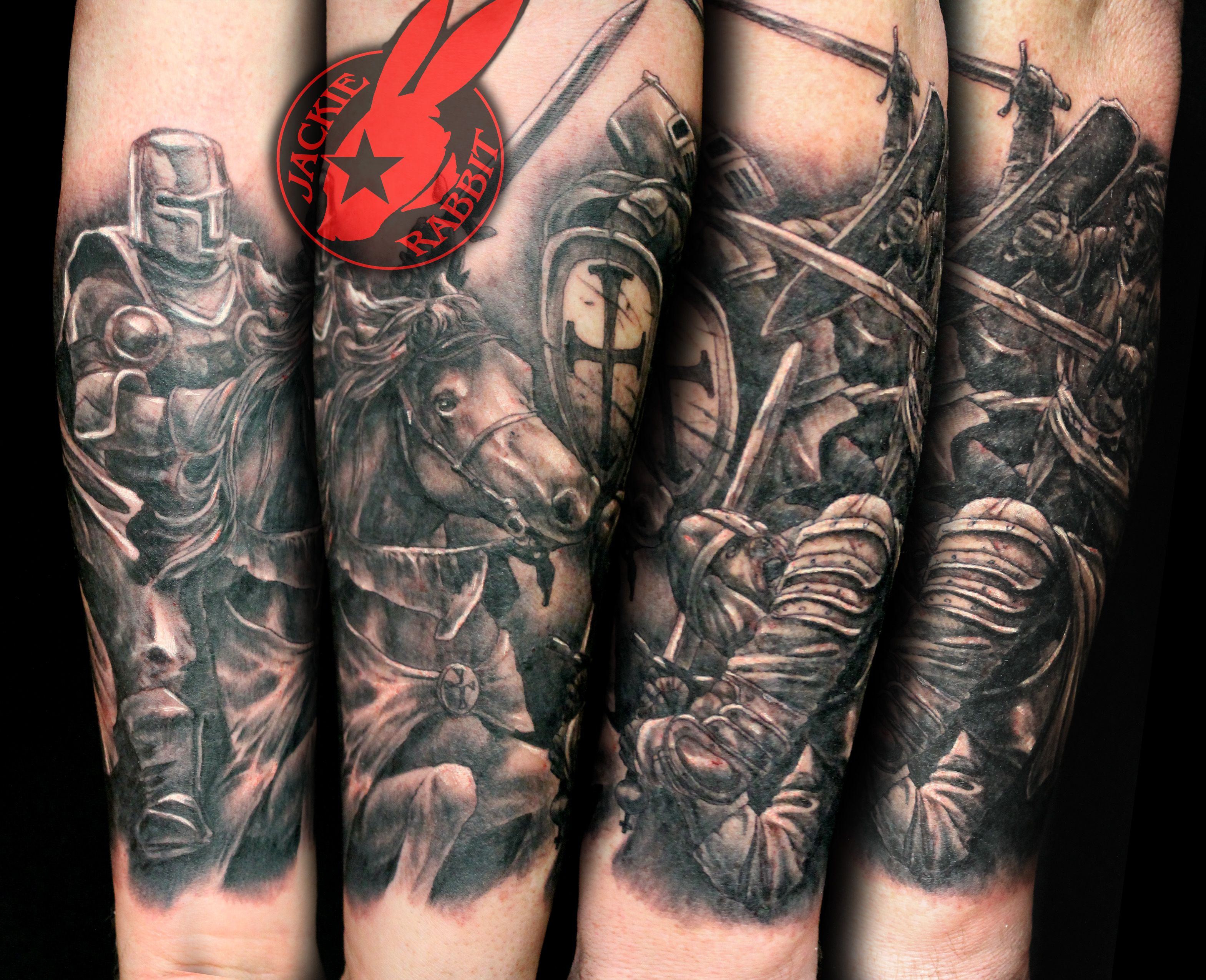 Realistic Knight Warrior Battle Scene Horse Sleeve Tattoo Jackie inside proportions 3138 X 2550