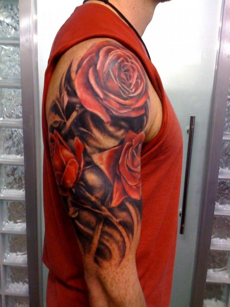 Realistic Red Rose Flowers Tattoo For Men On Upper Arm in sizing 800 X 1066