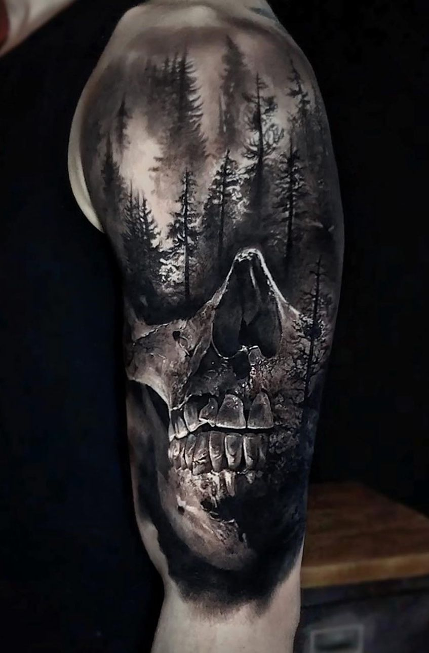 Realistic Skull And Forest Done On Guys Shoulder Upper Arm for size 847 X 1289